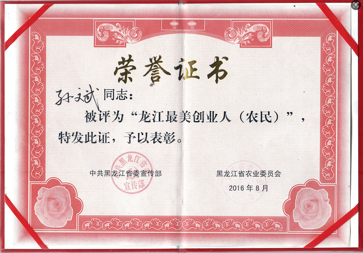 2016孙斌获龙江最美创业人（农民）（黑龙江省农业委员会）