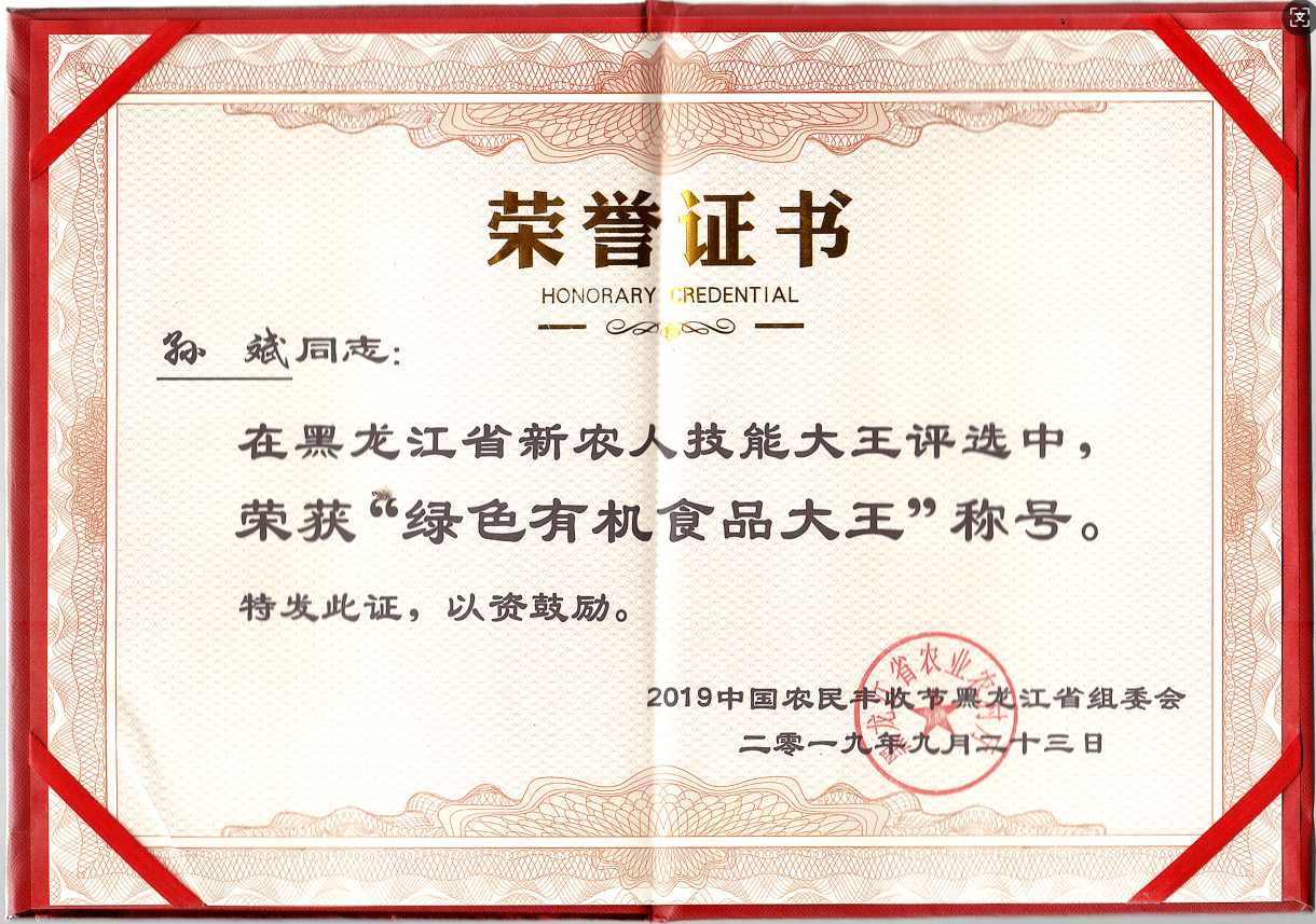 2019孙斌获绿色有机食品大王（中国农民丰收节黑龙江组委会）