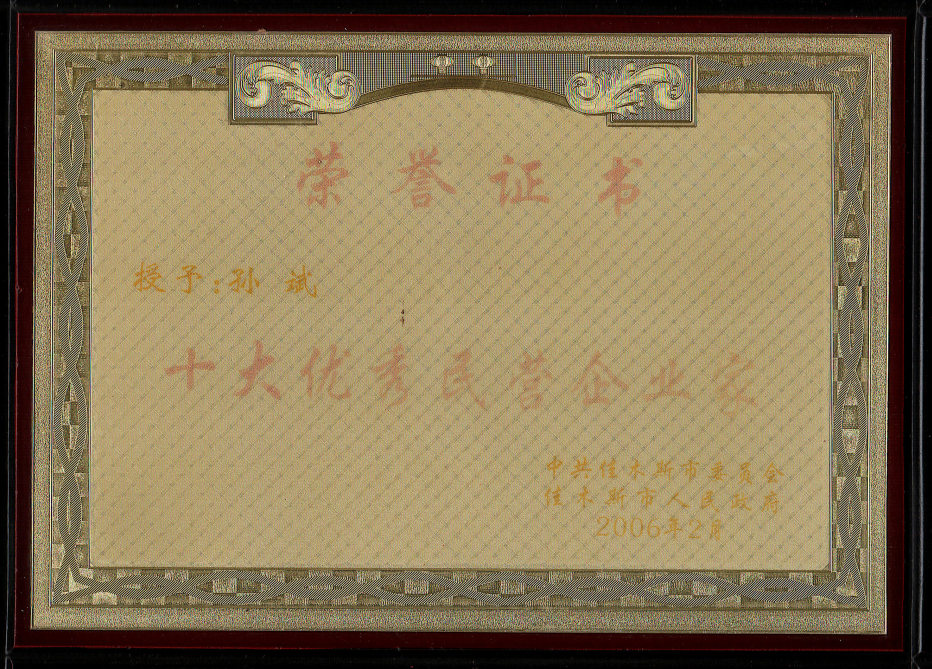 2006孙斌获十大优秀民营企业 家（佳木斯市长委员会）