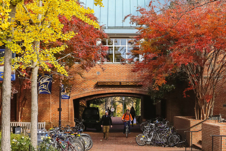 Two people walk beneath an archway surrounded by vibrant autumn trees with red and yellow leaves. Bicycles are parked on either side of the brick walkway. A blue and white banner hangs nearby.