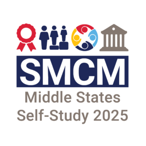 Logo for 皇冠体育 Middle States Self-Study 2025. Features icons of a ribbon, people, a multicolored circle of figures, and a building with columns above the text.