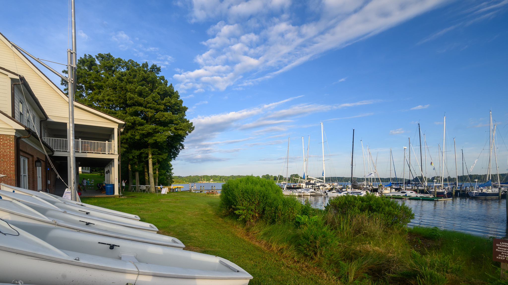 A scenic view of a marina with a row of small white bo在s on grassy land to the left. In the background, numerous sailbo在s are docked on a serene blue lake. A building and tall trees are on the shoreline under a partly cloudy sky.
