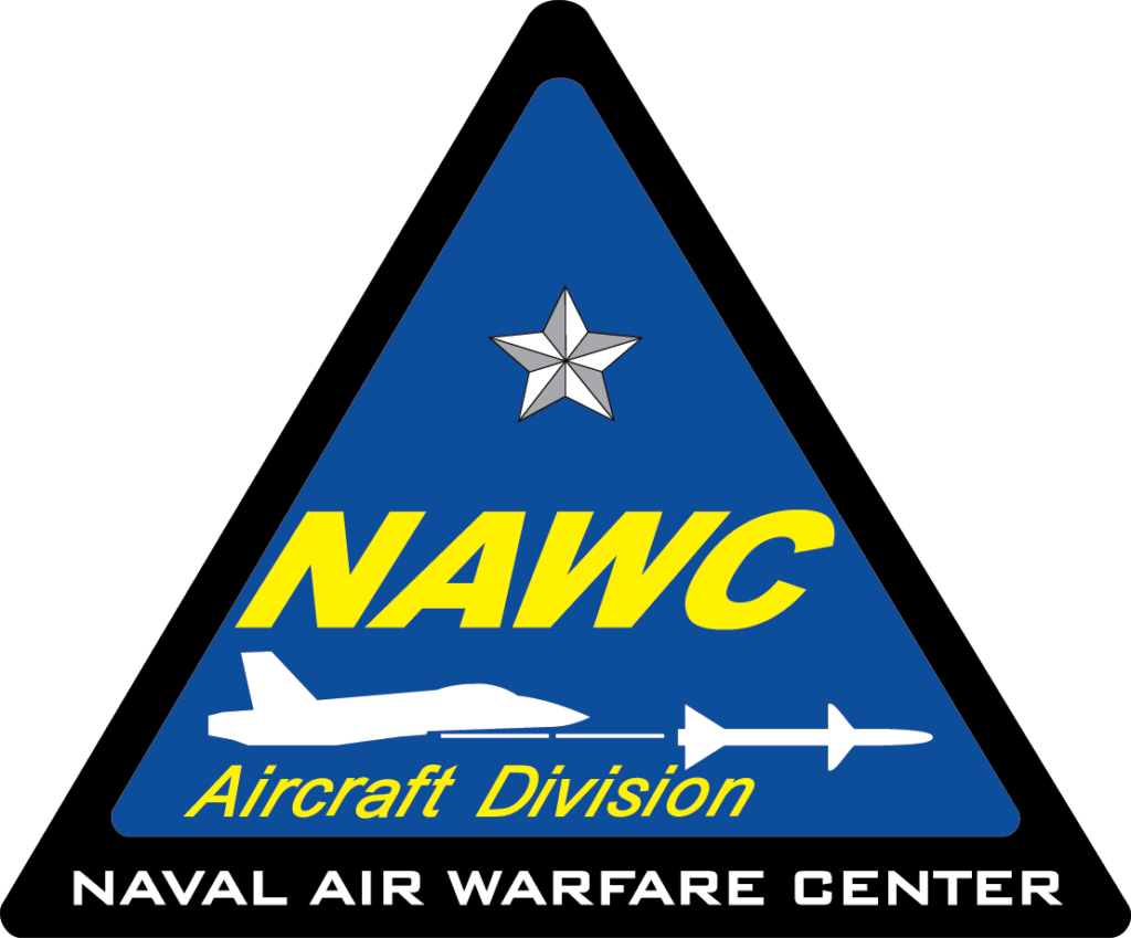 Triangular emblem with a blue background featuring a silver star, the yellow letters "NAWC," a white aircraft, and a missile silhouette. Text reads, "Aircraft Division, Naval Air Warfare Center" on a black border.