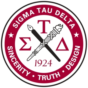Logo of Sigma Tau Delta featuring Greek letters, a quill and torch crossed, the year 1924, and the words "Sincerity," "Truth," and "Design" in a circular maroon and white emblem.