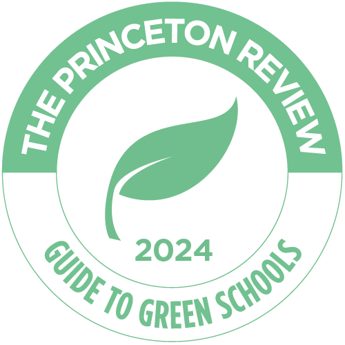 Green and white circular badge with a leaf in the center, labeled "The Princeton Review Guide to Green Schools 2024.