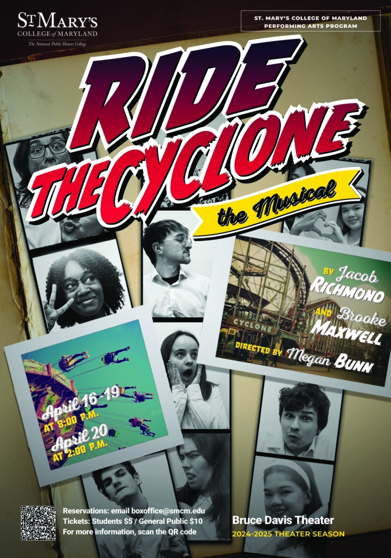 Poster for "Ride the Cyclone: The Musical" at St. Mary's College of Maryland, showing show dates and images of cast members with event and ticket information.