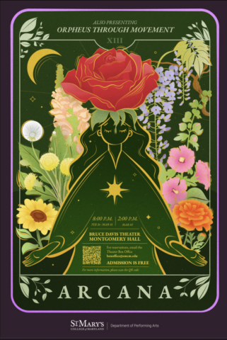 Illustrated poster for "Arcana," featuring a seated figure with flowers and a large red rose above their head; event details are listed below.