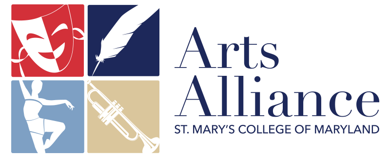 Logo for Arts Alliance at St. Mary's College of Maryland, featuring icons of a theater mask, feather, dancer, and trumpet in colored squares.