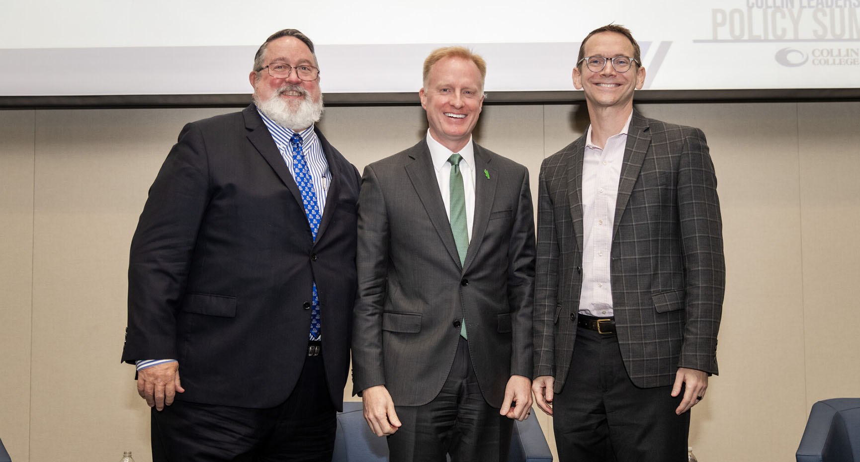 Pictured from left to right: Collin College District President Dr. Neil Matkin, University of North Texas President Dr. Harrison Keller, and Commissioner of Education for the Texas Education Agency Mike Morath.