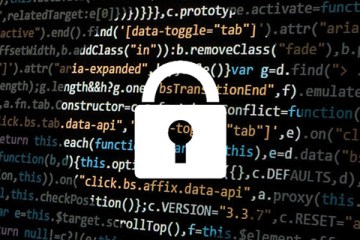 Cybersecurity graphic featuring a closed lock in the foreground and coding text in the background.